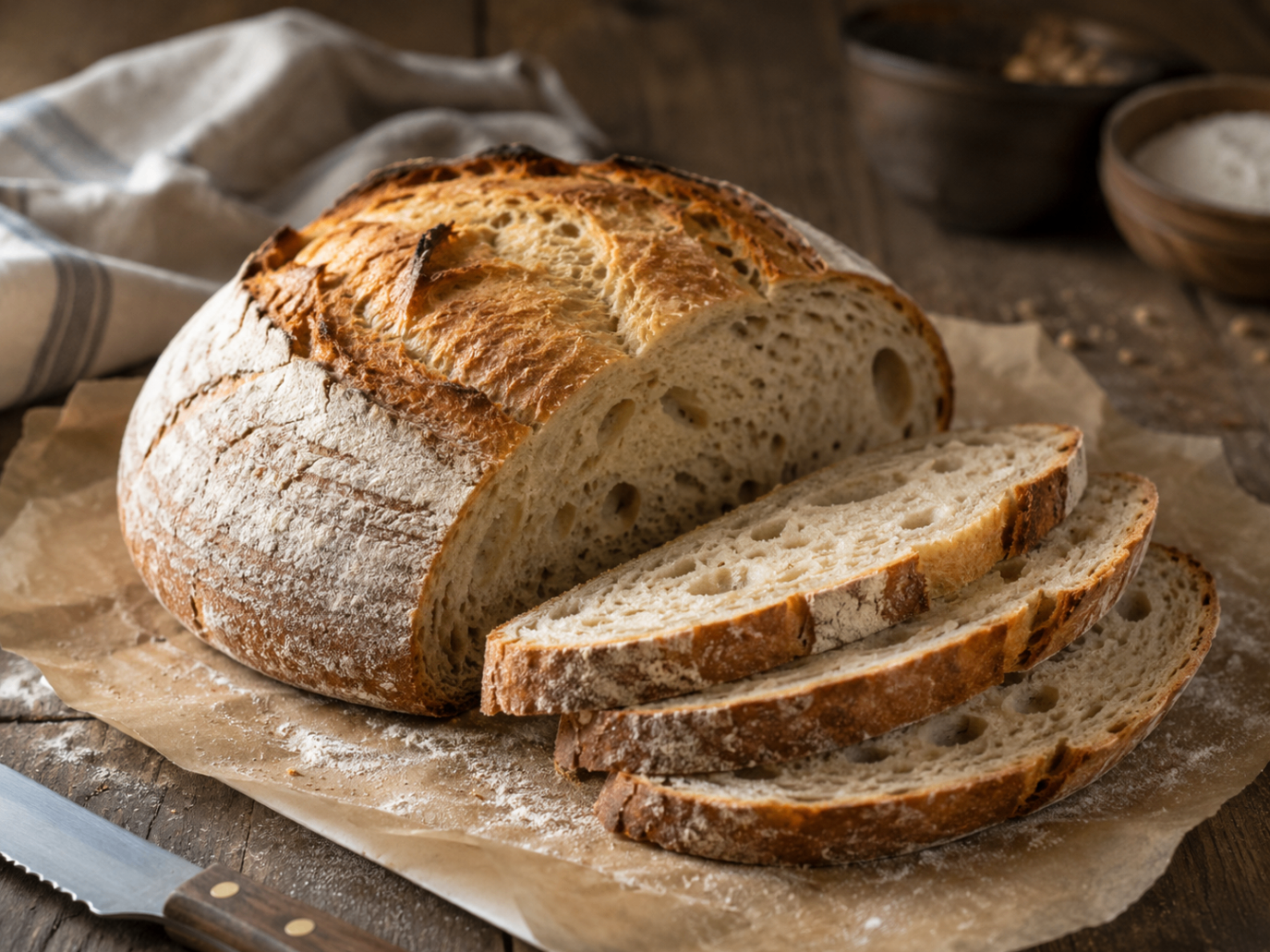 Freshly baked rustic artisan loaves at home